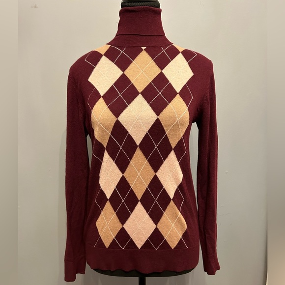 Massimo Dutti Wool & Silk Argyle Turtleneck Sweater in Burgundy, S - Picture 2 of 5
